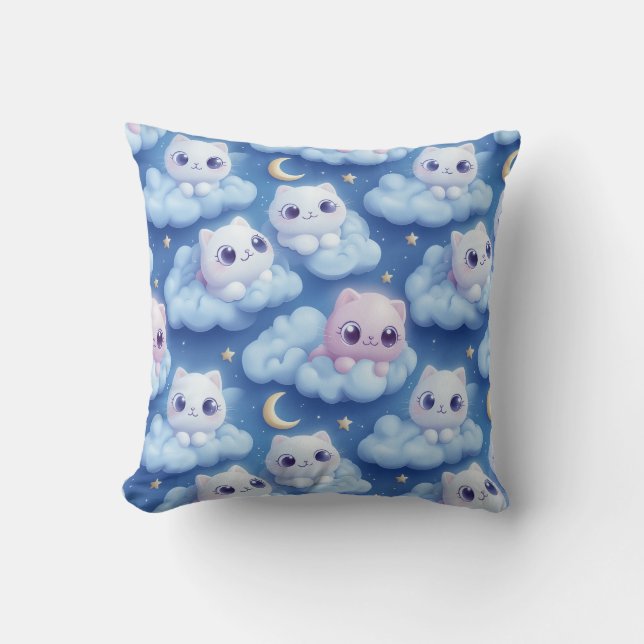 "Chubby Kawaii Cats and Clouds 3D Seamless Pattern Cushion (Front)