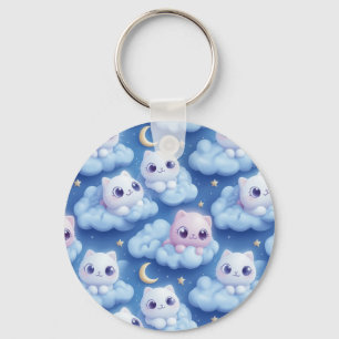 "Chubby Kawaii Cats and Clouds 3D Seamless Pattern Key Ring