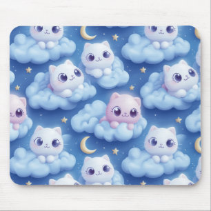 "Chubby Kawaii Cats and Clouds 3D Seamless Pattern Mouse Pad