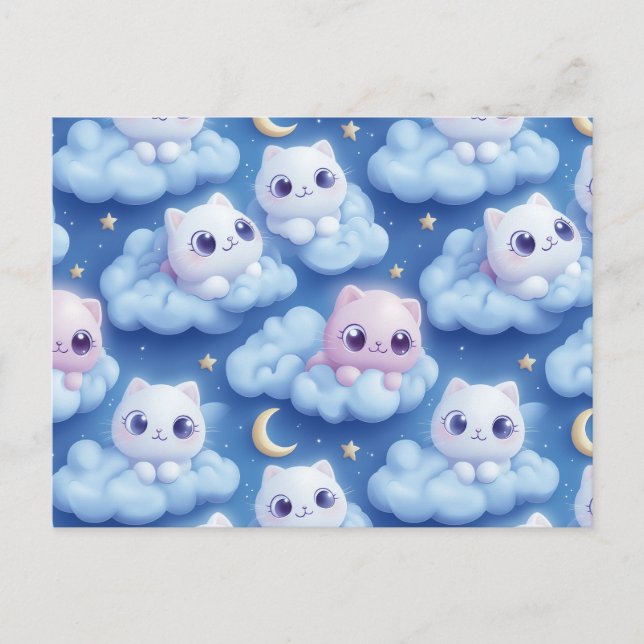 "Chubby Kawaii Cats and Clouds 3D Seamless Pattern Postcard (Front)
