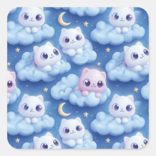 "Chubby Kawaii Cats and Clouds 3D Seamless Pattern Square Sticker