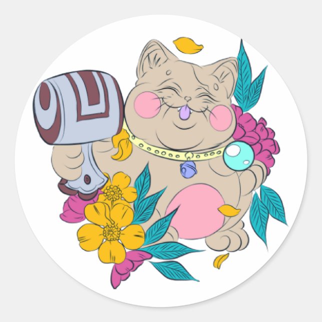 chubby lucky cat classic round sticker (Front)