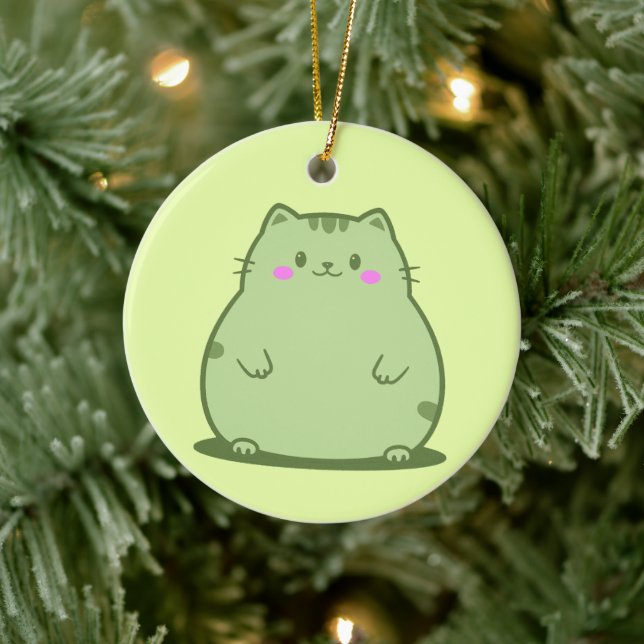 Chubby Matcha Green Kitty Ceramic Ornament (Tree)