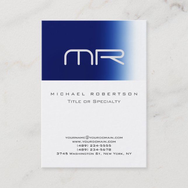 Chubby Modern Monogram White Blue Business Card (Front)