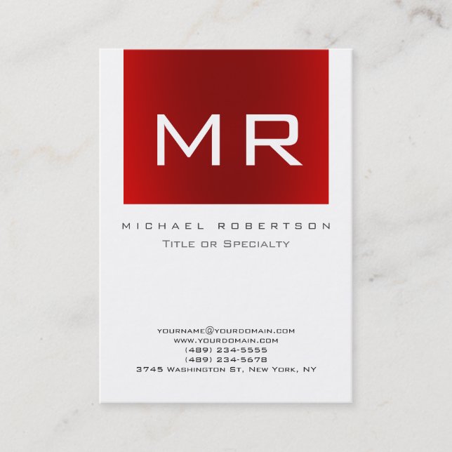 Chubby Monogram Red White Minimalist Business Card (Front)