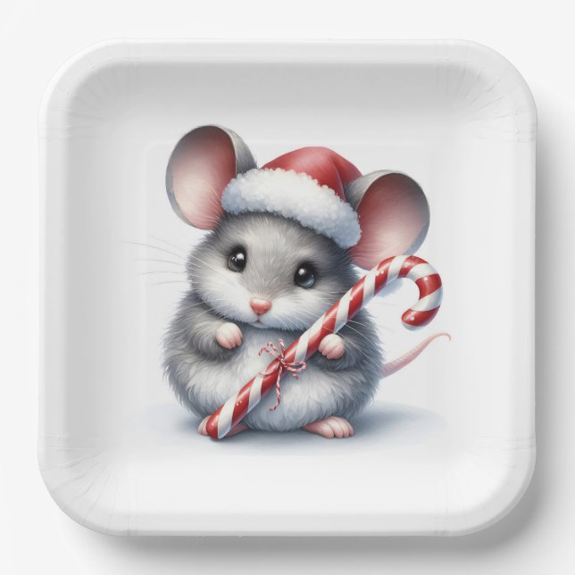 Chubby Mouse With Christmas Candy Cane Paper Plate (Front)
