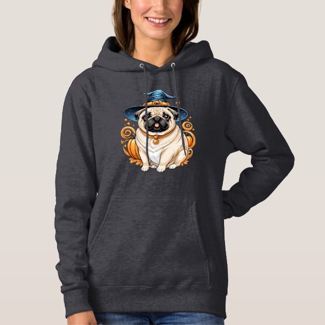 "Chubby Pug in Witch Hat Halloween Art Series  Hoodie (Front)