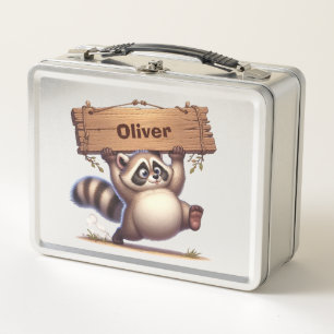Chubby Racoon with Customisable Name Sign Metal Lunch Box