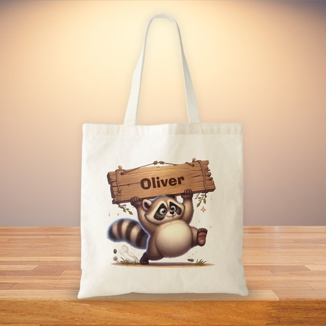 Chubby Racoon with Customisable Name Sign  Tote Bag (Creator Uploaded)