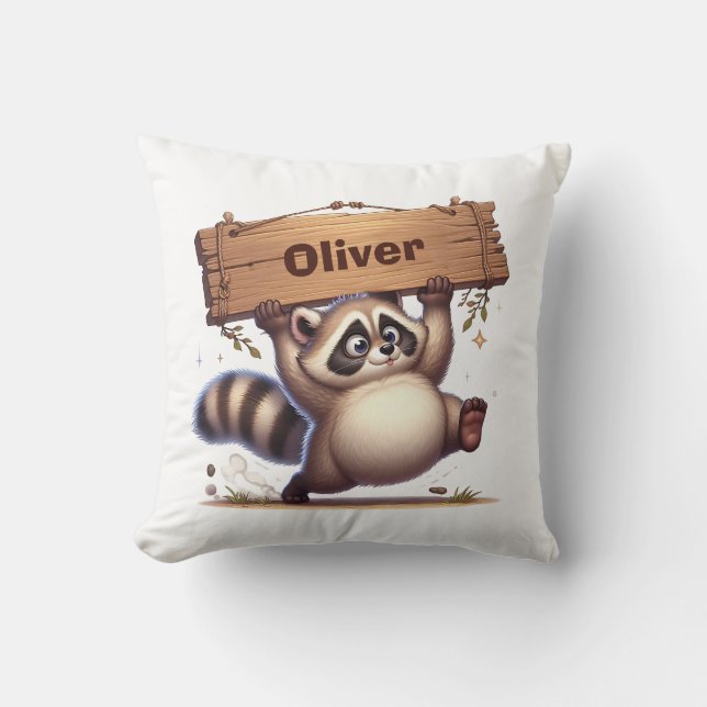 Chubby Racoon with Wooden Name Plate  Cushion (Front)