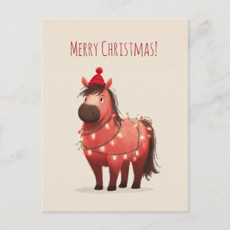 Chubby red and dark brown pony wrapped in lights holiday postcard