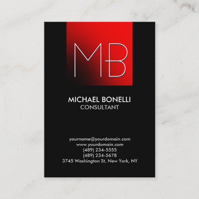 Chubby red stripe monogram black business card (Front)