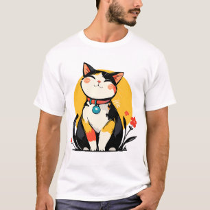 Chubby Smiling Calico Cat Badge T-Shirt