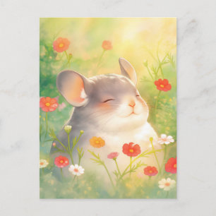 Chubby Smiling Chinchilla in Red Flower Garden Postcard