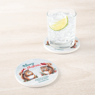 chubby squirrel Santa hat Merry Christmas snow Coaster