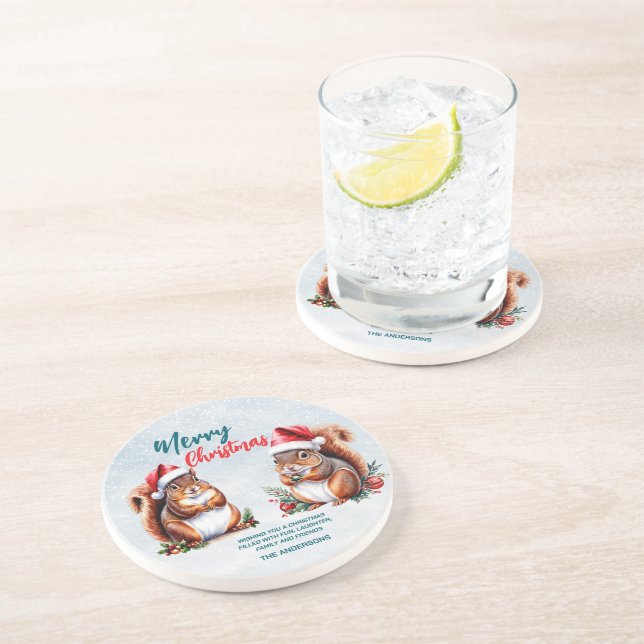 chubby squirrel Santa hat Merry Christmas snow Coaster (Side)