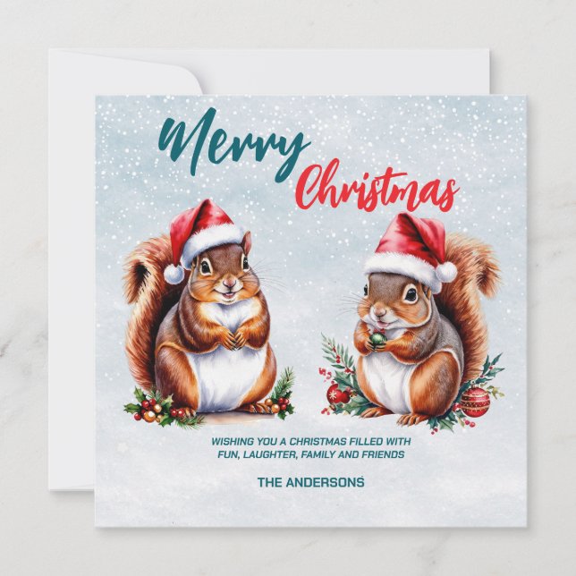 chubby squirrel Santa hat Merry Christmas snow Holiday Card (Front)