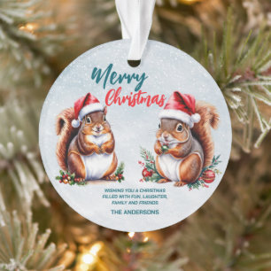 chubby squirrel Santa hat Merry Christmas snow Ornament