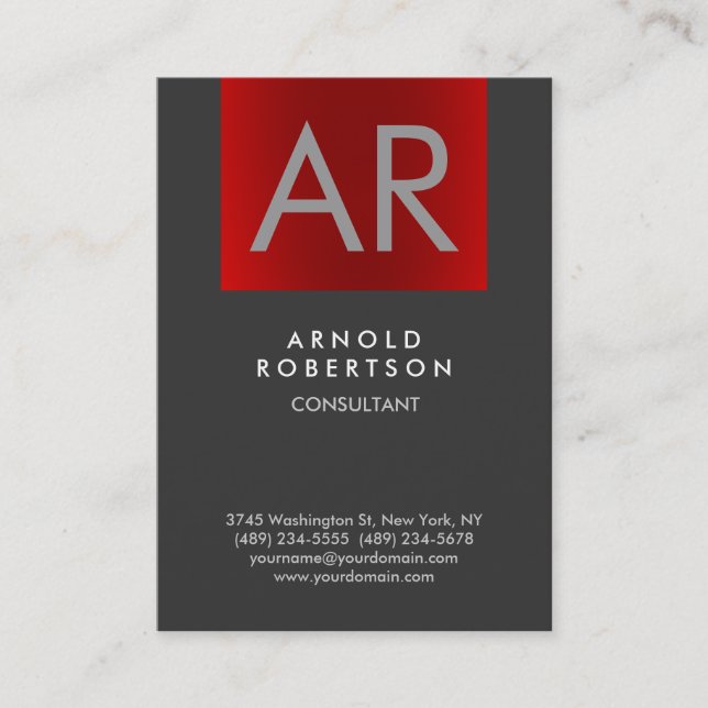 Chubby Stylish Red Grey Monogram Business Card (Front)