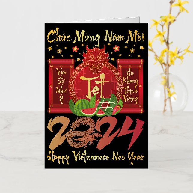 Chuc Mung Nam Moi Happy Vietnamese New Year 2024 Foil Greeting Card (Yellow Flower)