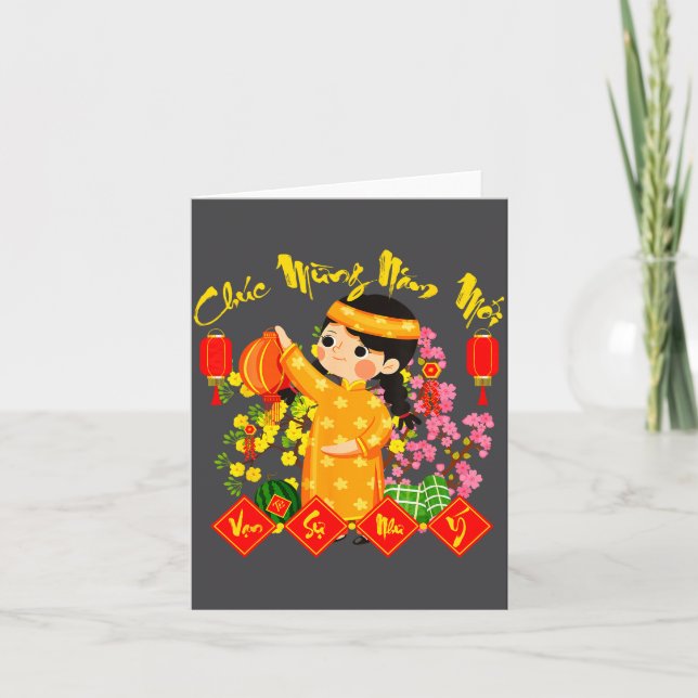 Chuc Mung Nam Moi Vietnamese Lunar New Year Ao Dai Card (Front)
