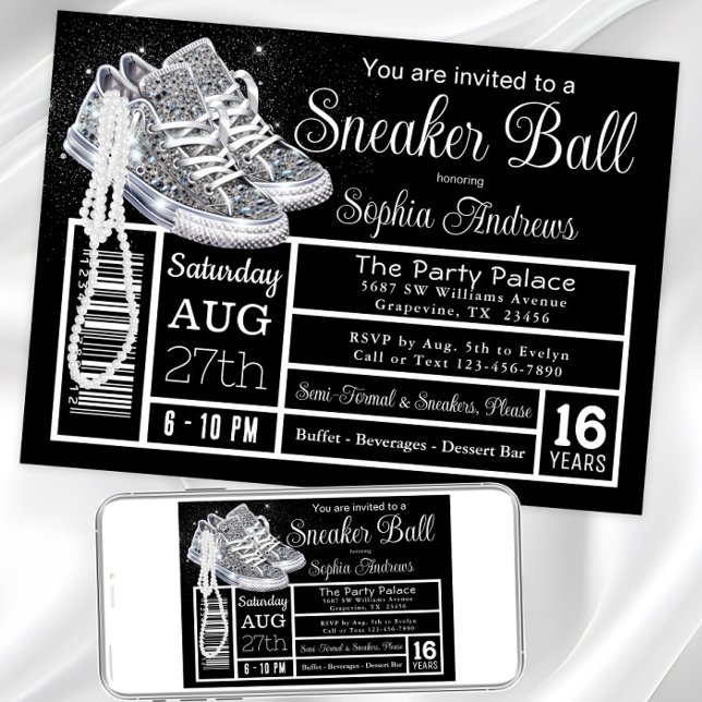 Chucks Pearls Diamond Sneaker Ball Birthday Party Invitation (Chucks and pearls any event sneaker invitation. Instant download and printed invitations available.)