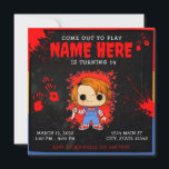 Chucky Doll Blue Red Orange Birthday Invitation<br><div class="desc">A stylised graphic image features Chucky, the iconic horror doll, in a Pop! Vinyl figure format. The doll is depicted against a dark, textured background, splattered with vibrant red bloodstains and splatter effects. Customise it with your event details to make it uniquely yours! Available as printable invitations and instant downloads....</div>