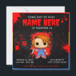 Chucky Doll Blue Red Orange Birthday Invitation<br><div class="desc">A stylised graphic image features Chucky, the iconic horror doll, in a Pop! Vinyl figure format. The doll is depicted against a dark, textured background, splattered with vibrant red bloodstains and splatter effects. Customise it with your event details to make it uniquely yours! Available as printable invitations and instant downloads....</div>