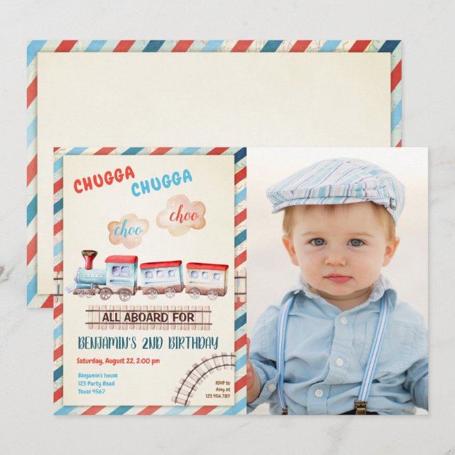 Chugga Choo Train Vintage Boy Red Blue Birthday Invitation (Front/Back)