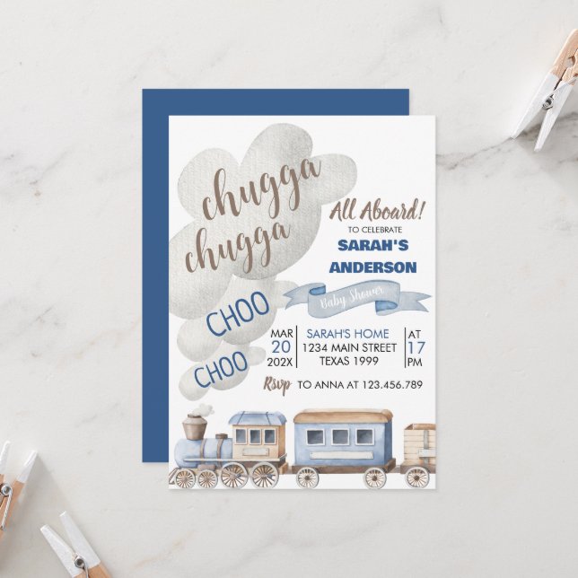 Chugga Chugga cho cho All Aboard Train Baby Shower Invitation (Front/Back In Situ)