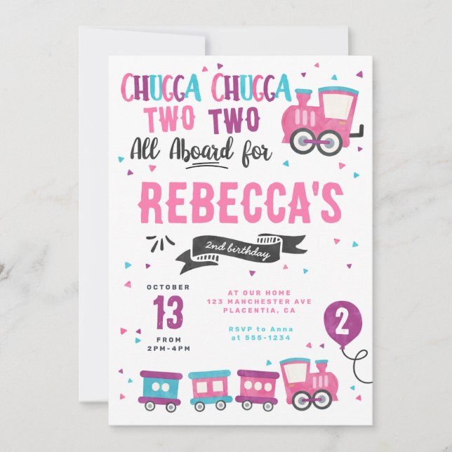 Chugga Chugga Choo choo Girl Train Birthday Party Invitation (Front)
