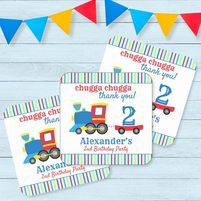 Chugga Chugga Train Birthday Favour Square Sticker (Train stickers for a train birthday party)