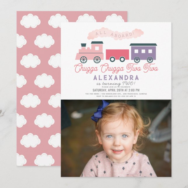 Chugga Chugga Two Train Girl 2nd Birthday Photo Invitation (Front/Back)