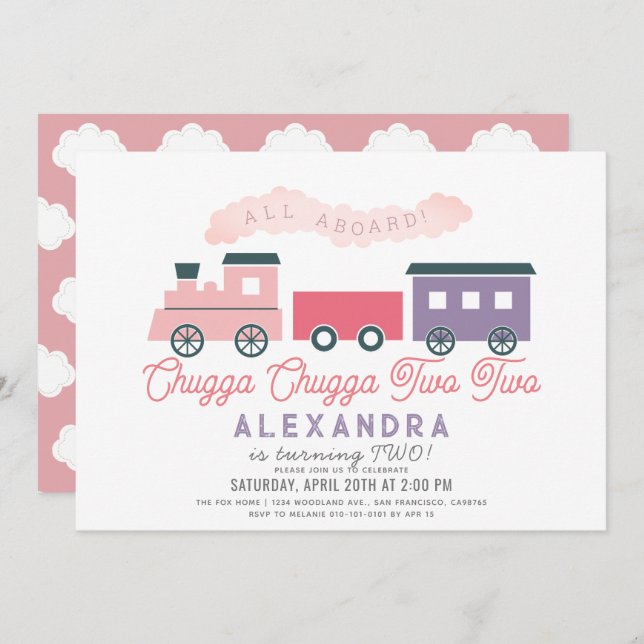 Chugga Chugga Two Two Train Pink Girl 2nd Birthday Invitation (Front/Back)