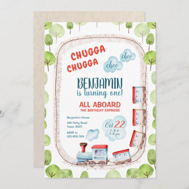 Chugga Train Choo Boy Red Blue Birthday Rails Invitation (Front/Back)
