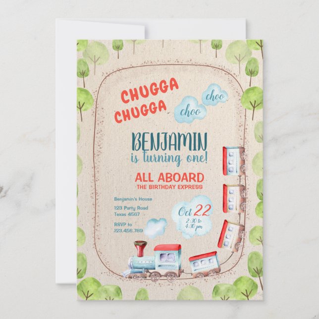 Chugga Train Choo Boy Red Blue Birthday Rails Invitation (Front)