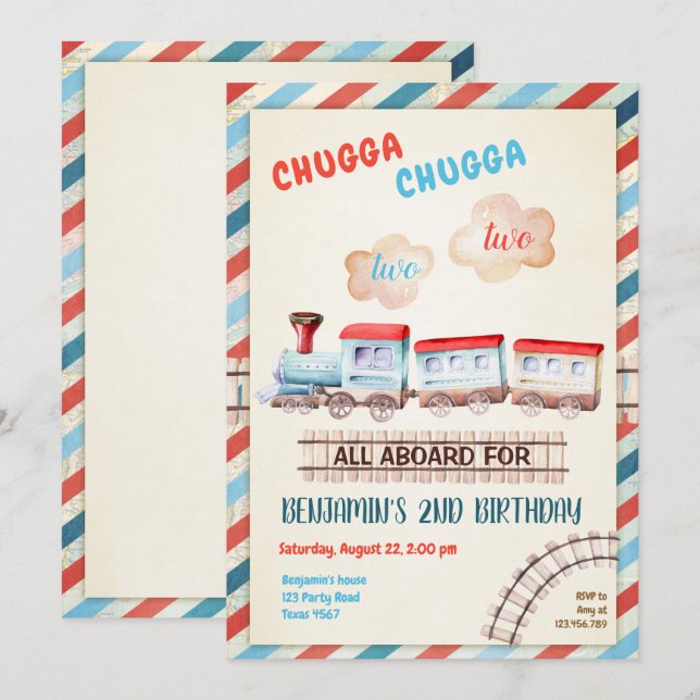 Chugga Two Train Choo Boy Red Blue 2nd Birthday Invitation (Front/Back)