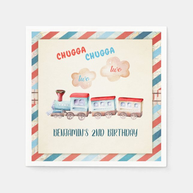 Chugga Two Train Choo Boy Red Blue 2nd Birthday Napkin (Front)