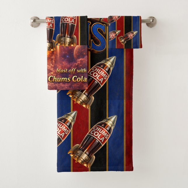 Chums cola rockets/rocket bathroom/nursery bath towel set (Insitu)