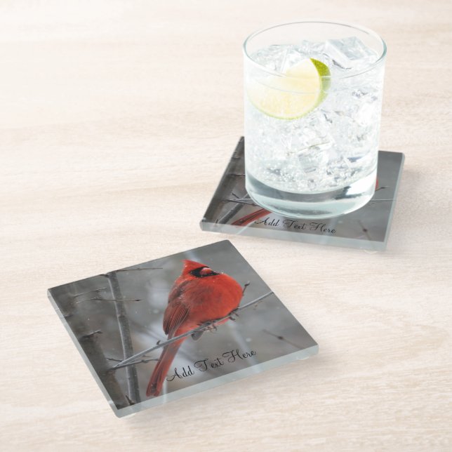 Chunky Bright Red Male Cardinal in Winter Snow Glass Coaster (Angled)