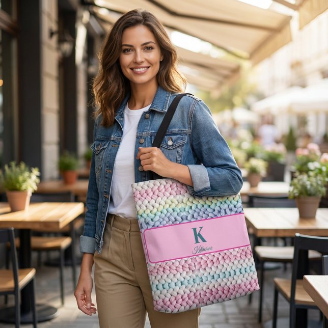 Chunky Pastel Knit Monogram Personalised Name Tote Bag (Creator Uploaded)