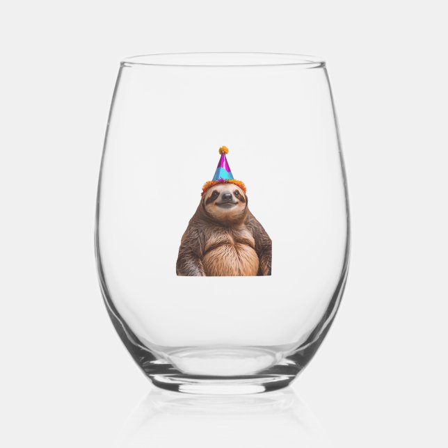 Chunky Sloth birthday party hat gift funny meme pr Stemless Wine Glass (Front)