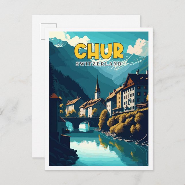 Chur Switzerland vintage travel illustration Postcard (Front/Back)