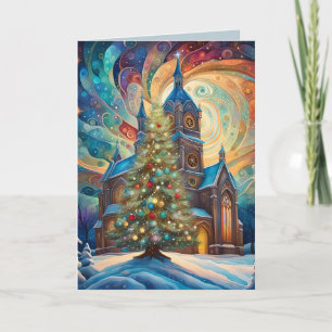 Church and Christmas tree in modern style Holiday Card