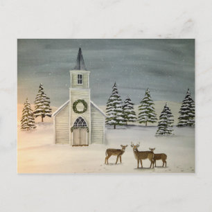 Church and Deer Winter Scene Postcard