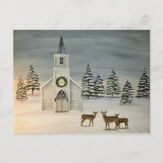 Church and Deer Winter Scene Postcard