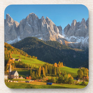 Church and village with mountains landscape coaster