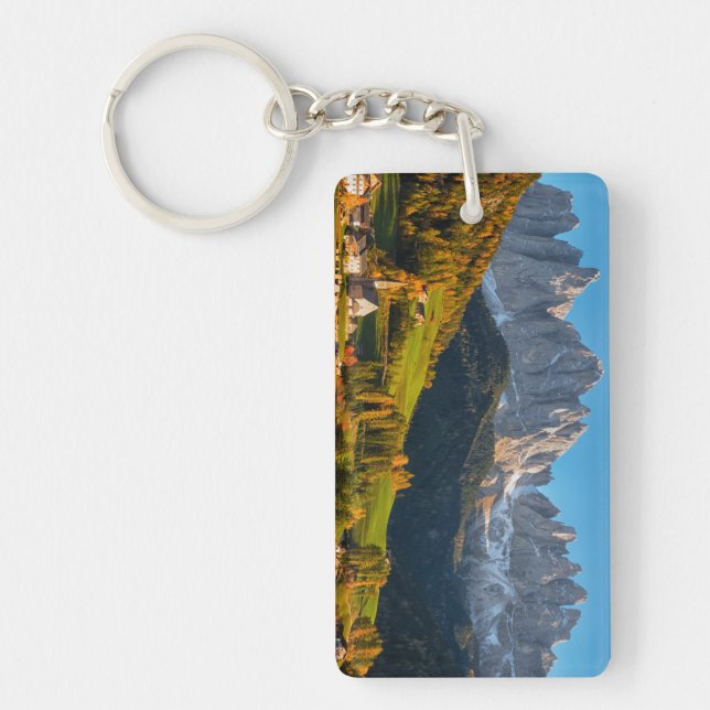 Church and village with mountains landscape key ring (Front)