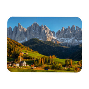 Church and village with mountains landscape magnet