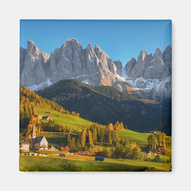 Church and village with mountains landscape magnet (Front)